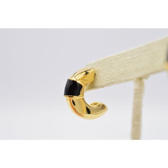 Givenchy Vintage Earrings Black Enamel Chunky Hoop Heavy Gold Signed 1980s 9C - Picture 7 of 11